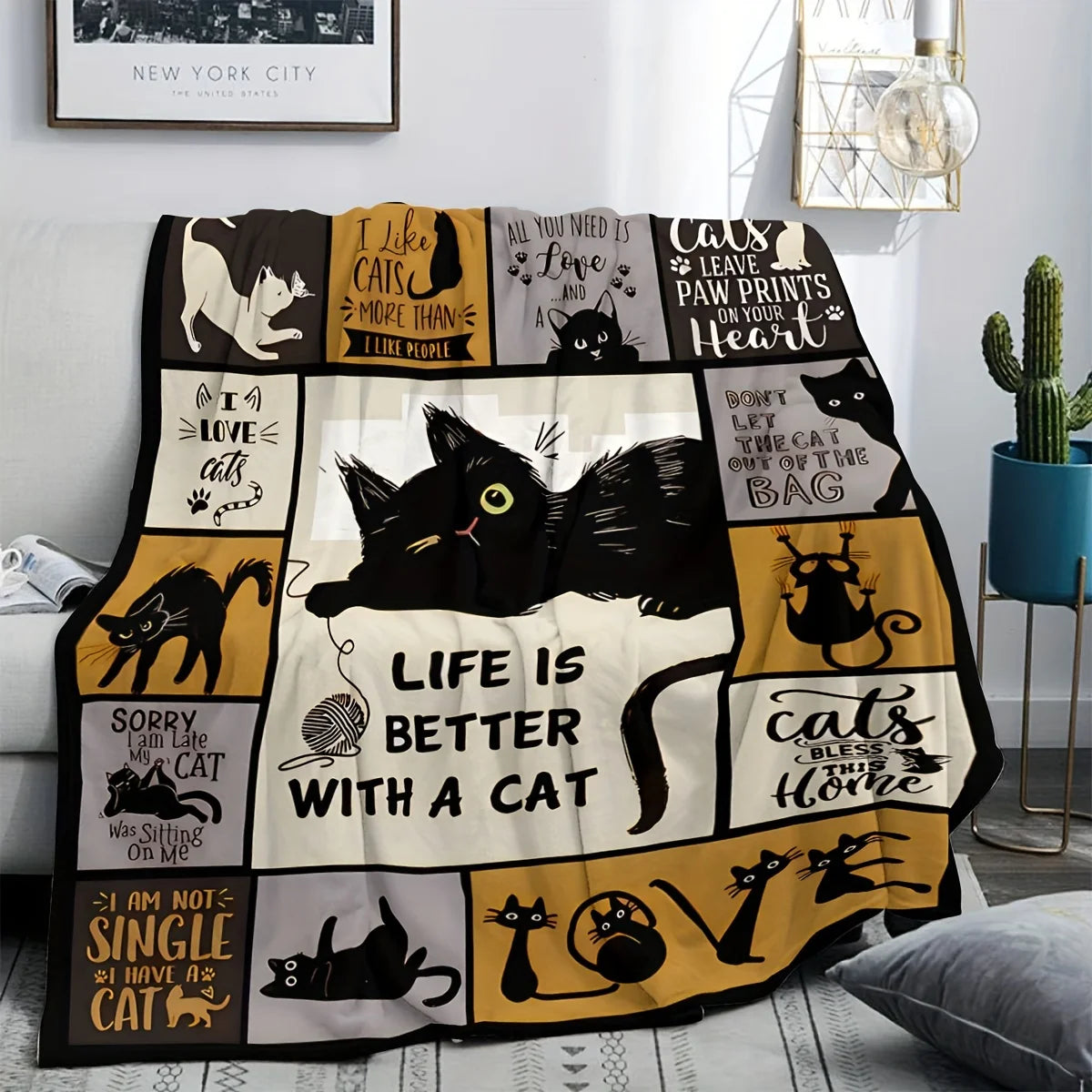 Whimsical Cat Creative Print Flannel Throw Blanket Super Soft Cozy Sofa Nap Blanket Home Blanket Perfect Gift for Cat Lovers