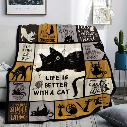 Whimsical Cat Creative Print Flannel Throw Blanket Super Soft Cozy Sofa Nap Blanket Home Blanket Perfect Gift for Cat Lovers