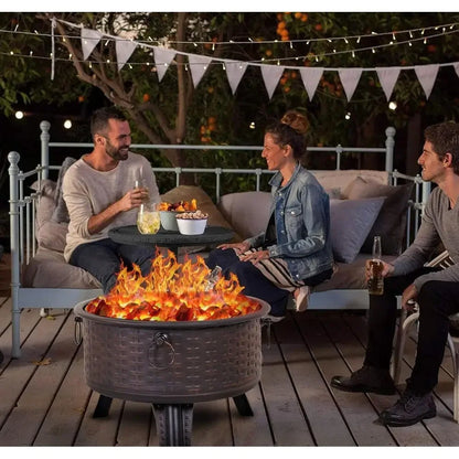 Round Deep Wood-Burning Fire Pit with Spark Screen Cover and Poker