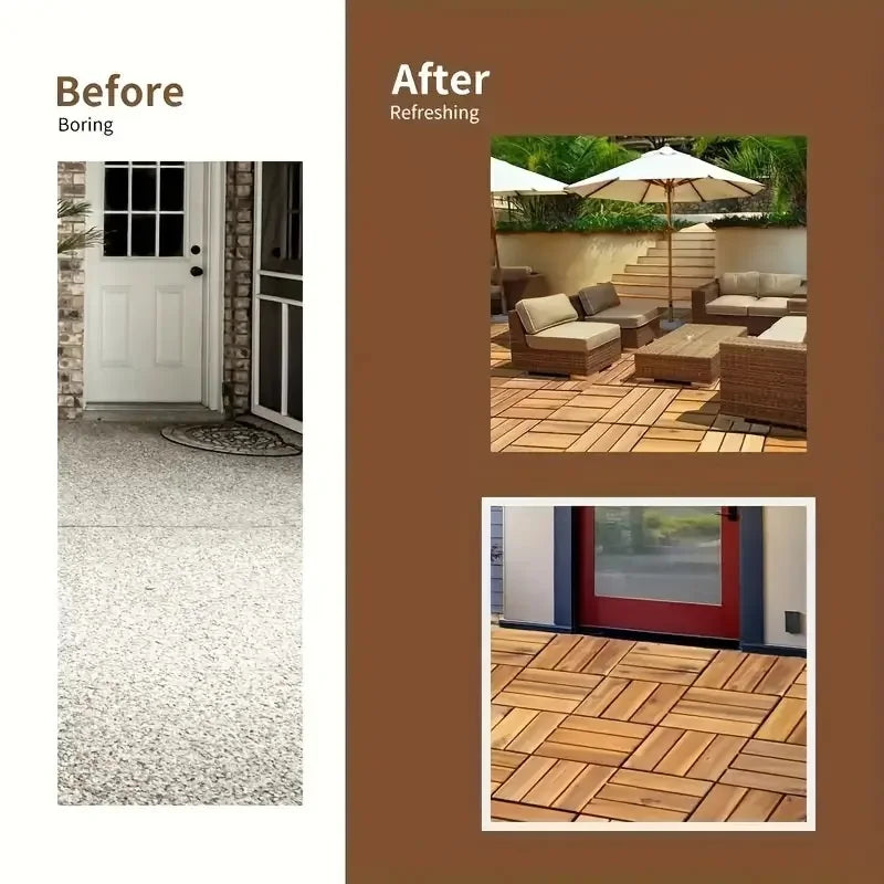 20-Piece Solid Acacia Interlocking Deck Tiles Outdoor Patio Flooring 12x12x0.9-Inch Waterproof for Balconies Backyards Porches Poolside All-Weather Use Brown Cross-Grain Square Joints