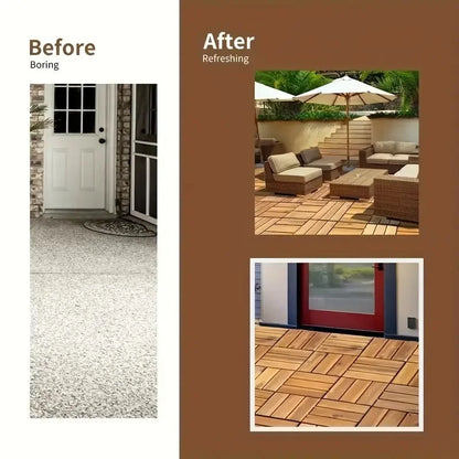 20-Piece Solid Acacia Interlocking Deck Tiles Outdoor Patio Flooring 12x12x0.9-Inch Waterproof for Balconies Backyards Porches Poolside All-Weather Use Brown Cross-Grain Square Joints