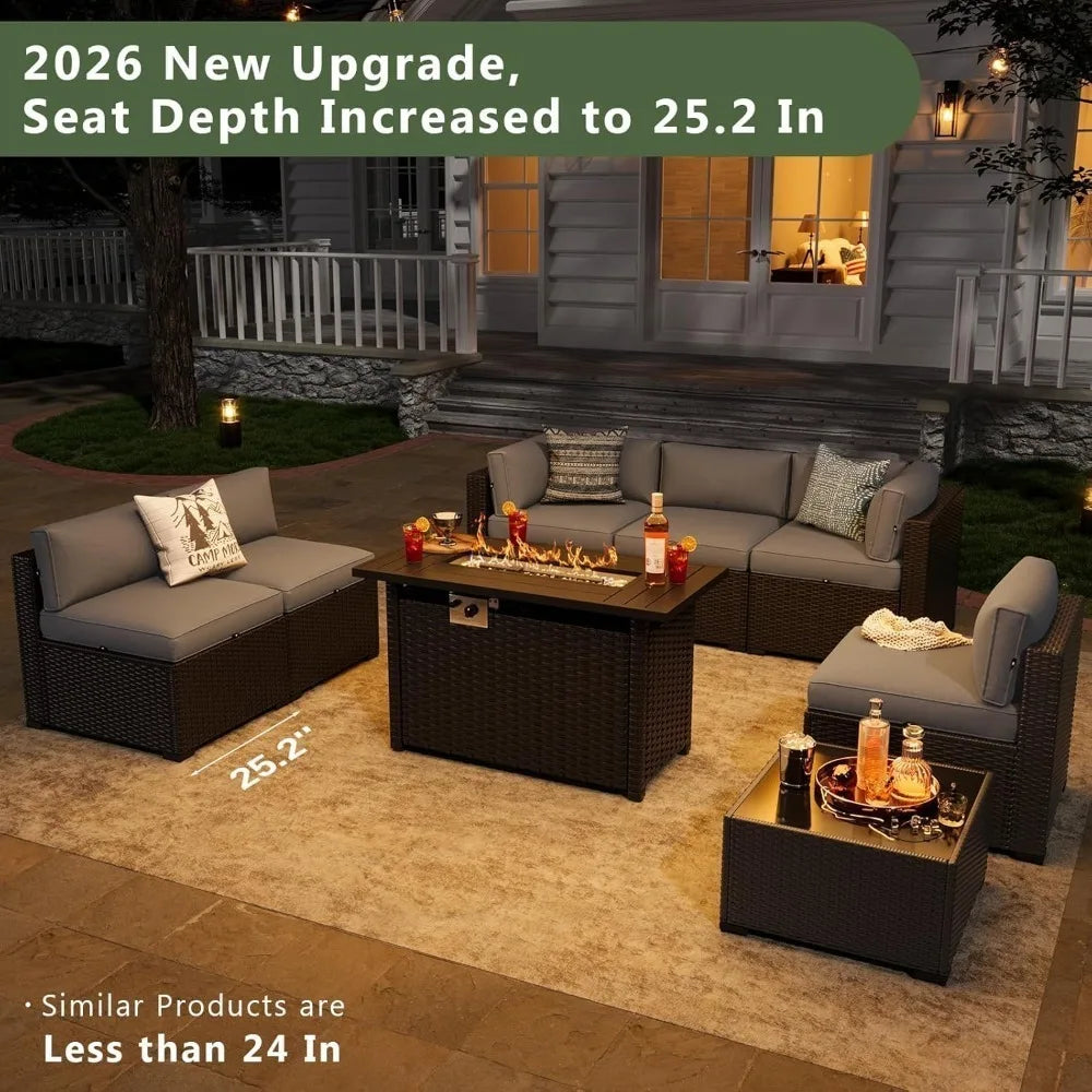 8-Piece Wicker Patio Sectional Sofa Set with 44" Fire Pit Table & Thickened Cushion for Outdoor, Custom