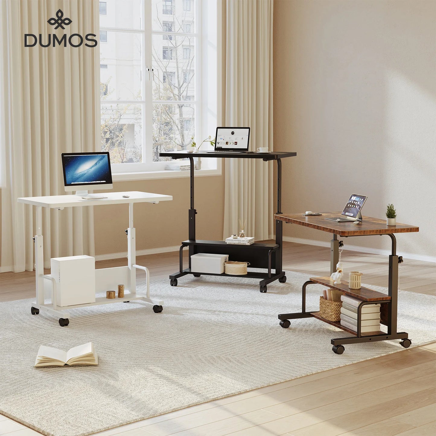 JHK 31.5IN Adjustable Height Mobile Standing Computer Desk with Locking Wheels Metal Frame Portable Workstation for Walking Pad
