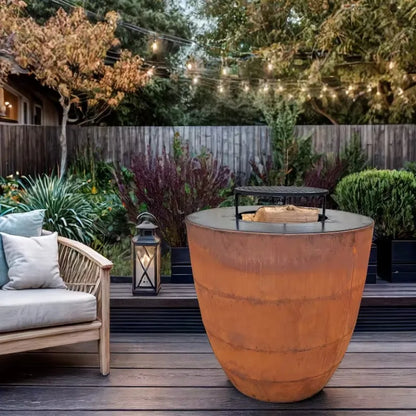Deep Egg Shape Wood Fire Brazier With Cooking Plancha Modern Outdoor Garden BBQ Grill Corten Steel Backyard Fire Pit