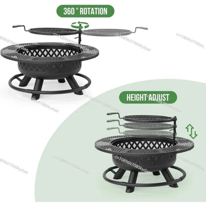 36 Inch Wood Burning Fire Pit with Grill: Outdoor Fire Pits with Lid & Fire Poker  3 in 1 Round Metal Firepit Table With
