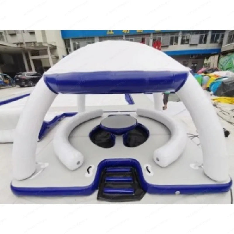 Inflatable Water Floating Island With Canopy Lounge Sofa Platform With Table Ladder For Lake Sea Party