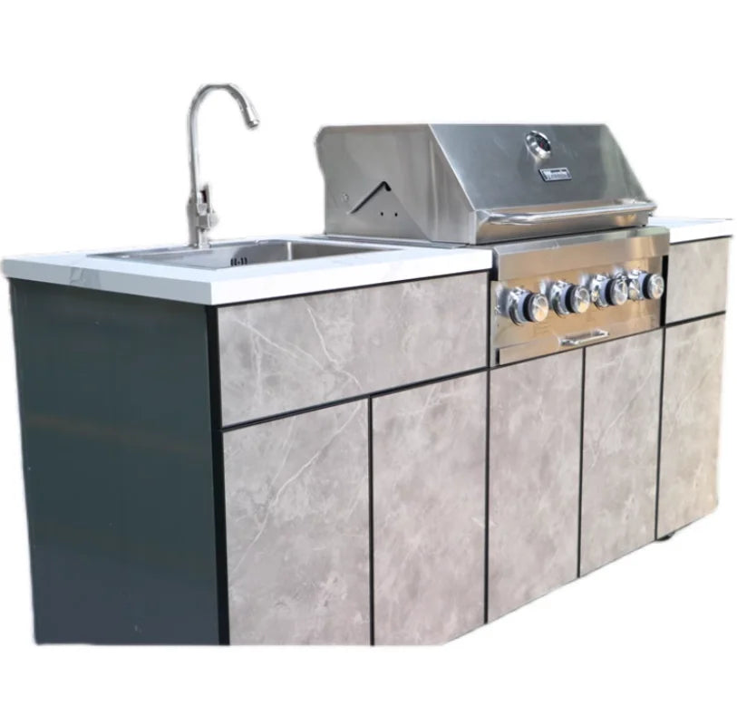 customize Outdoor Kitchen Island Modular Units Stainless Steel Gas Grill Sink Drawers Weather Resistant Patio Design