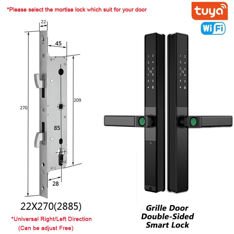 Double-Side Waterproof  Smart Door Lock Fingerprint Password Card Tuya App Bridge-Cut For Outdoor Pull Push Sliding Grille Door