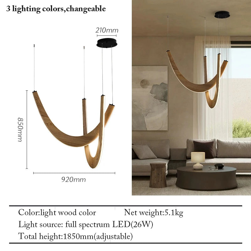 Modern U-shaped Wooden LED Pendant Lights Indoor Hanging Lamp Living Sitting Room Lobby Kitchen Island Dining Living Room Office