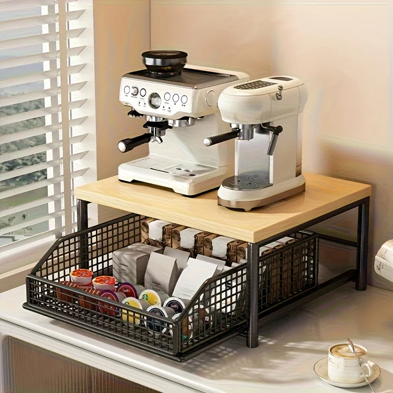 Space-Saving Kitchen Countertop Organizer Made of Sturdy Hardwood with Drawer and Wire Basket for Coffee Maker