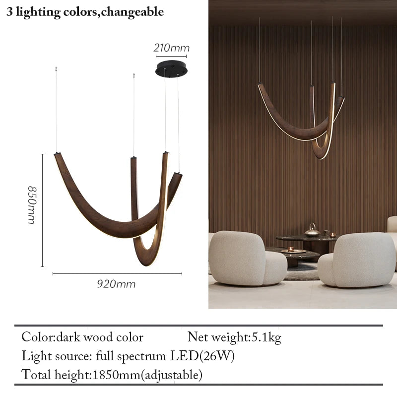 Modern U-shaped Wooden LED Pendant Lights Indoor Hanging Lamp Living Sitting Room Lobby Kitchen Island Dining Living Room Office