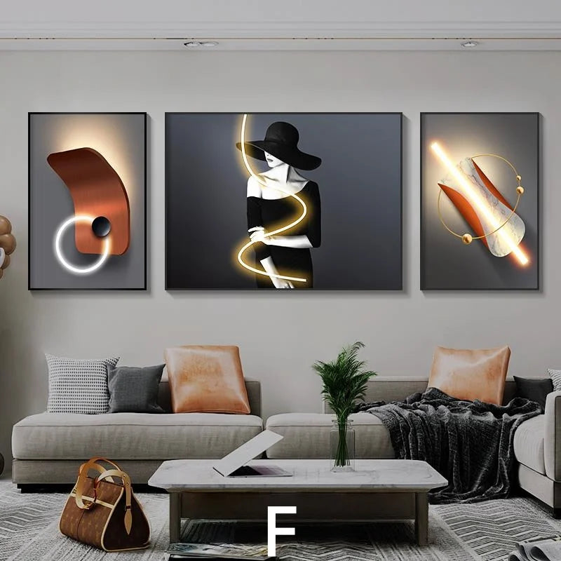 Living Room Decoration Painting LED Lighting Mural Painting Character Triptych Hanging Painting Bedroom Sofa Background Wall