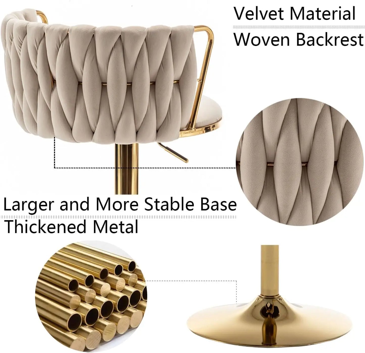 Gold Velvet Bar Stools Set of 3, Swivel Counter Height Bar Stools with Back, Adjustable Woven Barstools for Kitchen, Customized