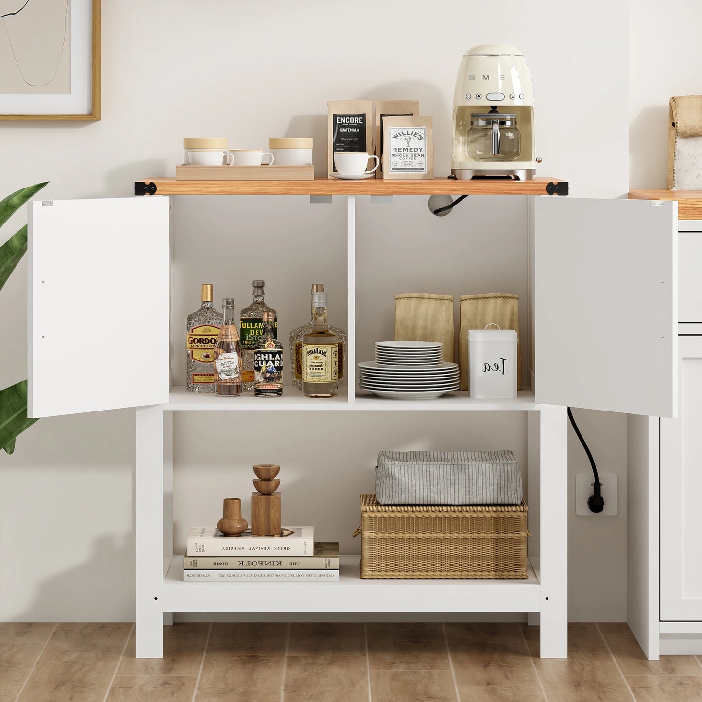 31.5" Farmhouse Coffee Bar Table with Power Outlet, Modern Entryway Console with Storage Cabinet