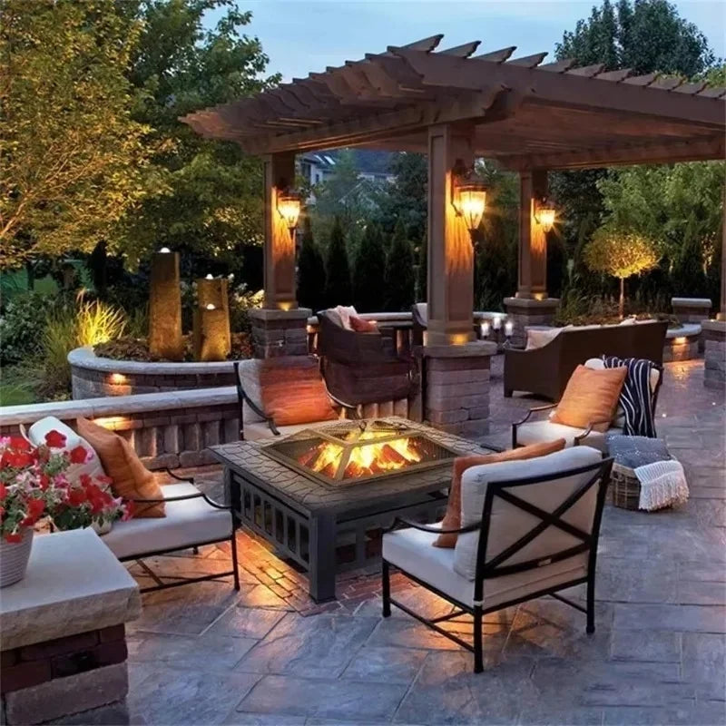 Modern Black Powder Coated Metal Fire Pit Table - Square Wood Burning Stove Heavy Duty Rustproof  Outdoor Patio Garden BBQ Party