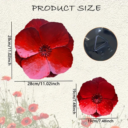Set of 2 Giant Red Metal Poppy Flowers - Outdoor Wall/Fence Decor for Home, Garden, Spring & Summer Accents