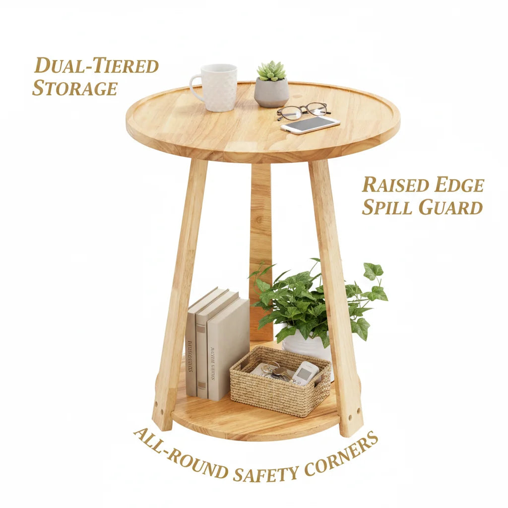 Small Round Side Table, Side Table for Small Spaces, Modern Couch End Table, 2-Tier Rubberwood Nightstand for Living Room Bedroom, 50x50x60cm, Natural Wood Color