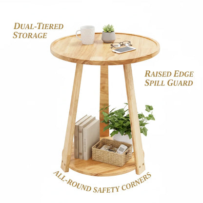 Small Round Side Table, Side Table for Small Spaces, Modern Couch End Table, 2-Tier Rubberwood Nightstand for Living Room Bedroom, 50x50x60cm, Natural Wood Color