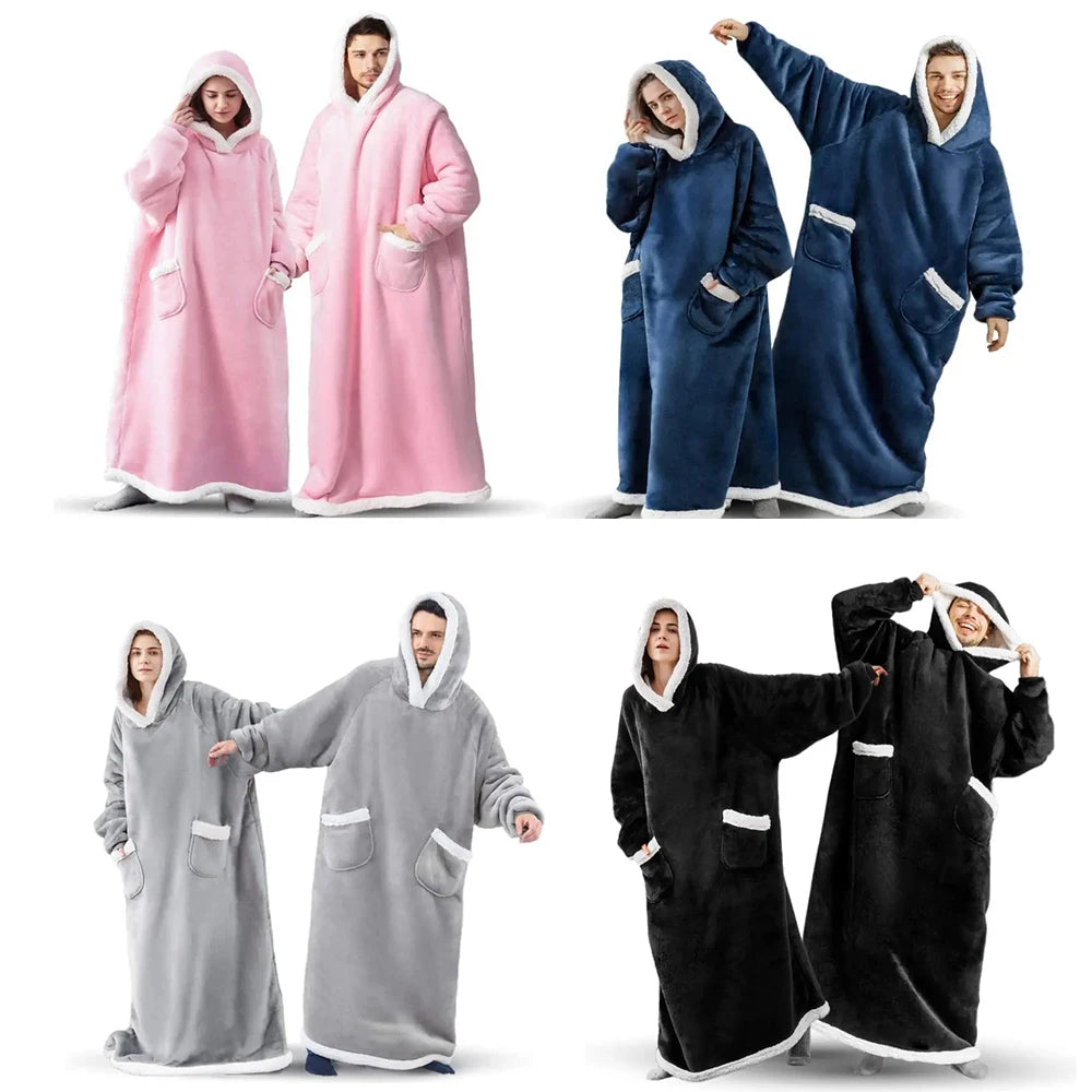 Extra Long Wearable Blankets Winter Flannel Hooded Blanket with Full Sleeves Men Women Cozy Soft Throw Adult TV Blanket