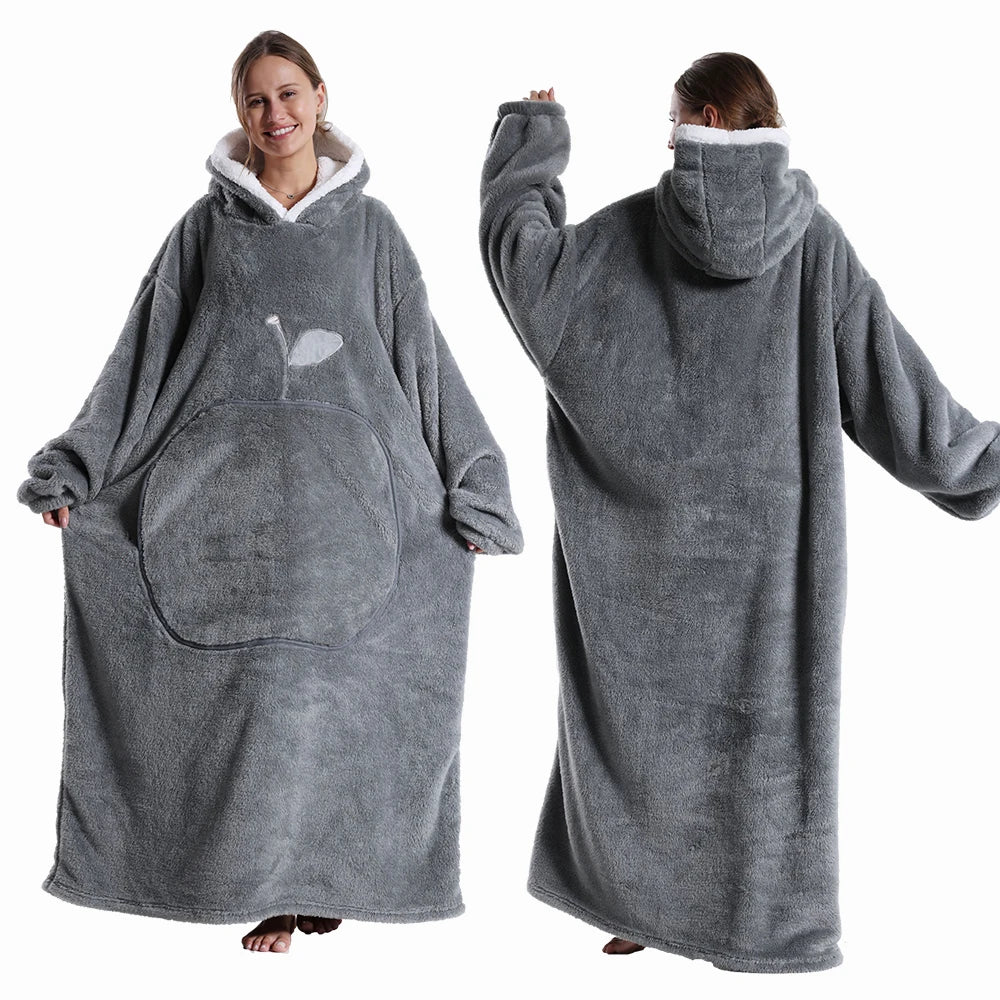 Winter Hooded Sweater Blanket Women Oversized Fleece Blanket With Sleeves Large Pocket Warm Thick TV Hoodie Robe Couple