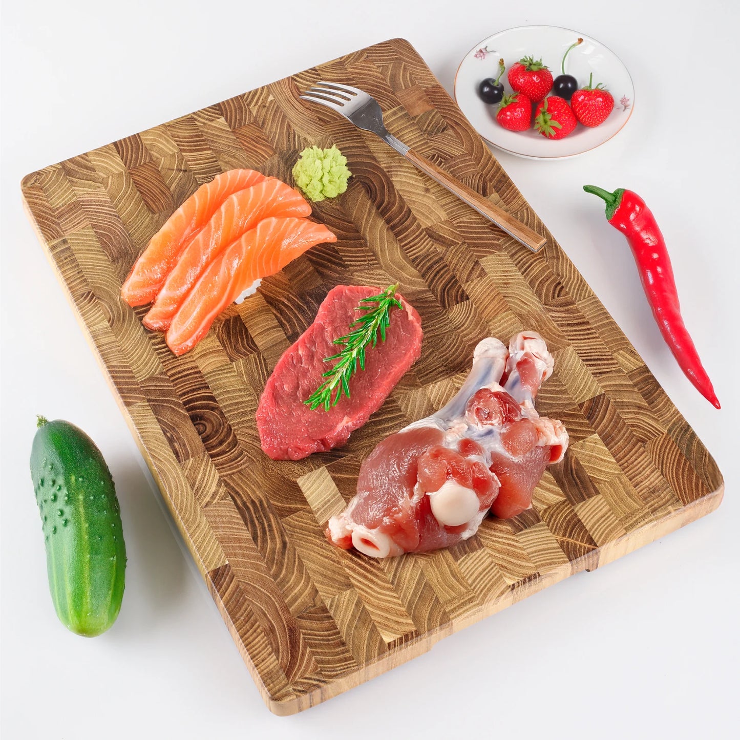 Teak Wood End Grain Cutting Boards for Kitchen, Large Wood Chopping Board with Hidden Handles, Wooden Charcuterie Board for Meat