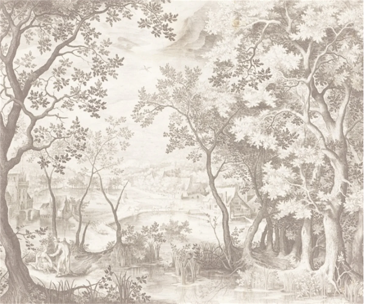 Customized French Wallpaper TV Background Wall Wallpaper Hand Drawn Black and White Forest Living Room Bedroom Papier Peint
