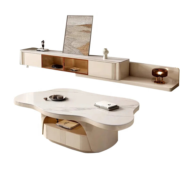 The modern style of the living room, with large coffee tables in the center and on both sides