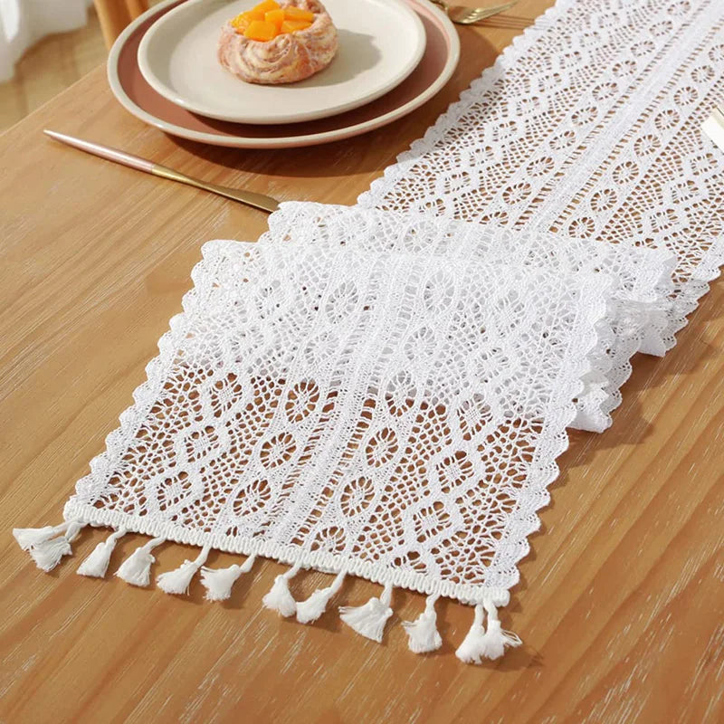 Table Runner Beige Christmas Crochet Lace Cotton Blended Fabric with Tassel For Coffee Table Decor Wedding Decoration
