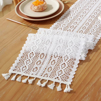 Table Runner Beige Christmas Crochet Lace Cotton Blended Fabric with Tassel For Coffee Table Decor Wedding Decoration