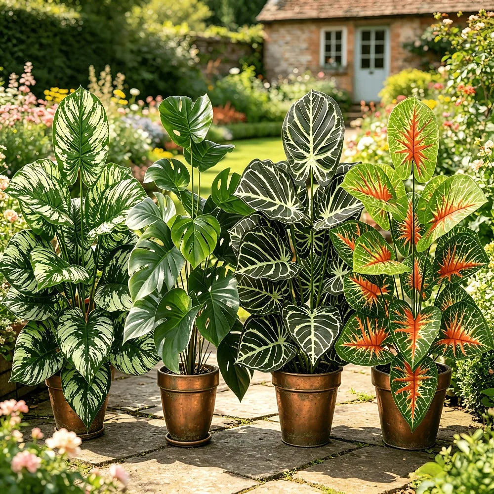 4pcs Artificial Plant Set Broadleaf Tropical Rainforest Palm Tree Indoor Outdoor Potted Plants for Wedding Office Hotel Garden