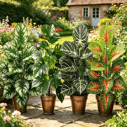 4pcs Artificial Plant Set Broadleaf Tropical Rainforest Palm Tree Indoor Outdoor Potted Plants for Wedding Office Hotel Garden
