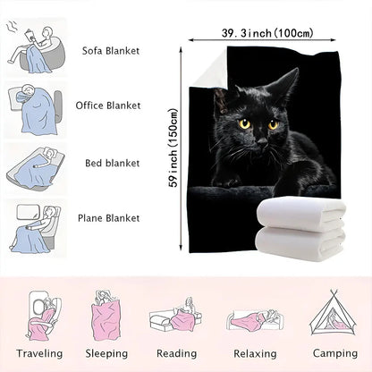 Black Cat Printed Throw Blanket - Glossy Textured Fleece, Dramatic Contrast Design, Perfect for Cozy Home Decor, Alert Relaxed C