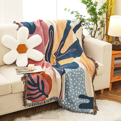 Boho Abstract Botanical Jacquard Throw Blanket Matisse Inspired Colorful Art Print Tapestry with Fringe Modern Decor Sofa Throw