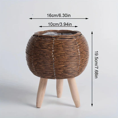 Charming Rustic Rattan Planter With Wooden Legs - Versatile Woven Storage Basket For Indoor/Outdoor Plants & Decor