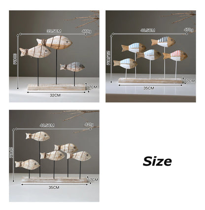 Retro Mediterranean Style 3D Wooden Shoal of Fish DecorationsHand Carving Ocean Desktop Crafts Ornaments DIY Bar Cafe Home Decor