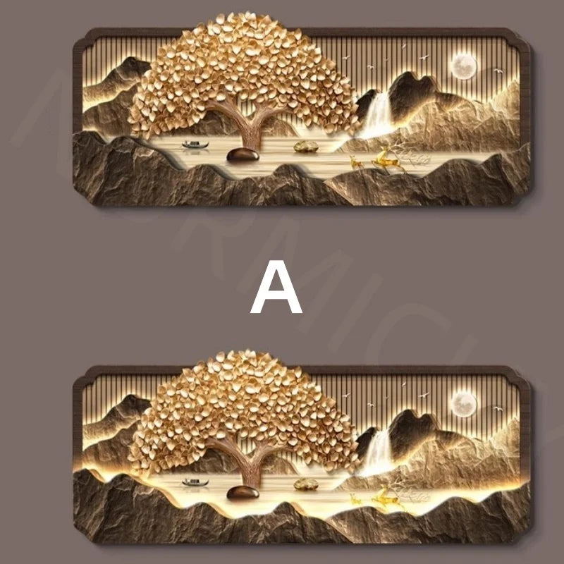 2025 Living Room Decoration Painting LED Lights Wealth Tree Sofa Background Wall Mural High-End Tea Room Office Hanging Painting