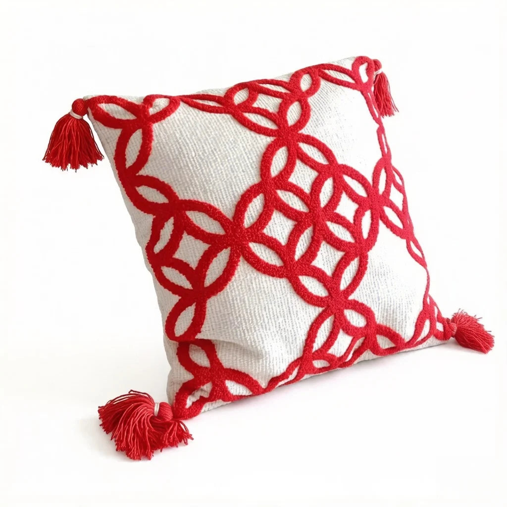 New House Red Pillows for Sofa Decoration Nordic Style Decorative Pillow Case Cover Tassels Throw Pillows with Geometric Lines