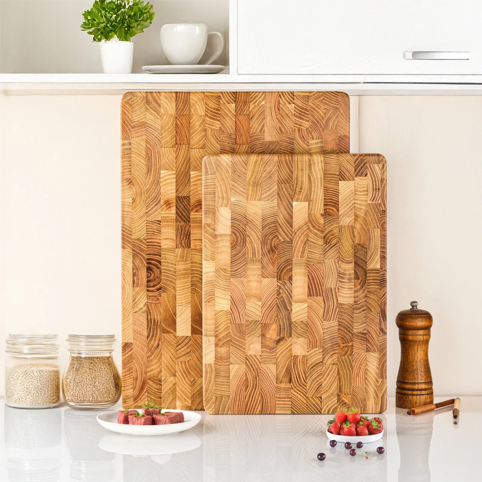Teak Wood End Grain Cutting Boards for Kitchen, Large Wood Chopping Board with Hidden Handles, Wooden Charcuterie Board for Meat