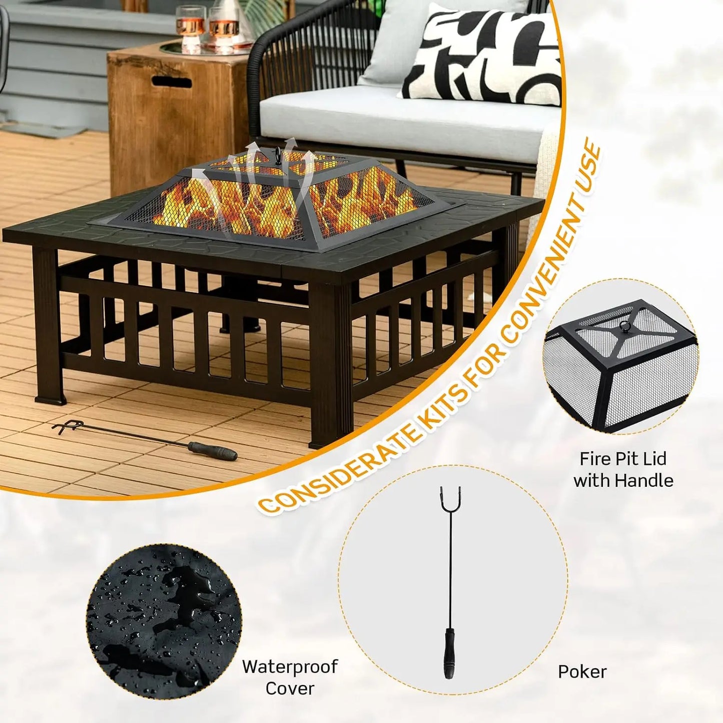 Outdoor Fire Pit Table Square Steel Fireplace With Spark Screen Log Grate BBQ Grill Poker Rain Cover Wood Burning Stove For Backyard Camping Patio Garden Bonfire Party Black
