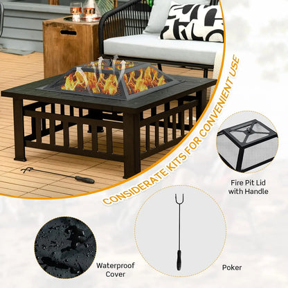 Outdoor Fire Pit Table Square Steel Fireplace With Spark Screen Log Grate BBQ Grill Poker Rain Cover Wood Burning Stove For Backyard Camping Patio Garden Bonfire Party Black