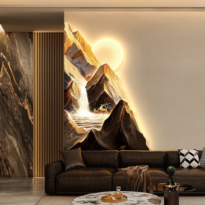 Backed by the Jinshan Luxury Vanity Wall Lamp Painting, the Living Room Features LED High-End Style Sofa and Background Wall Lam