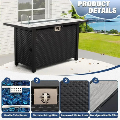 6-Piece Outdoor Patio Furniture Set with 45 Propane Fire Pit, Navy Blue Wicker Sofa, Non-Slip Cushions, Waterproof Covers