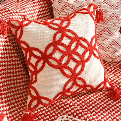 New House Red Pillows for Sofa Decoration Nordic Style Decorative Pillow Case Cover Tassels Throw Pillows with Geometric Lines