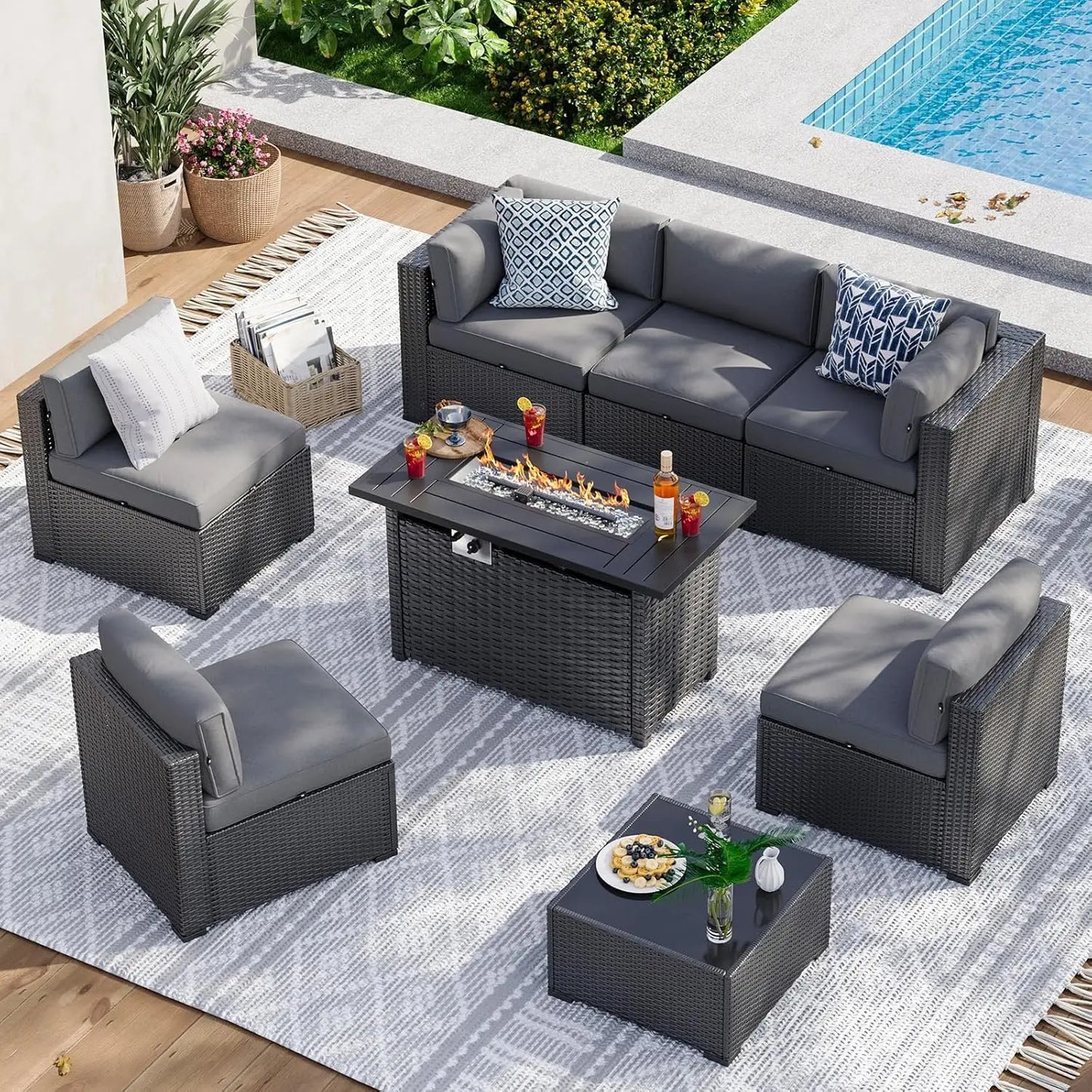 8-Piece Wicker Patio Sectional Sofa Set with 44" Fire Pit Table & Thickened Cushion for Outdoor, Custom