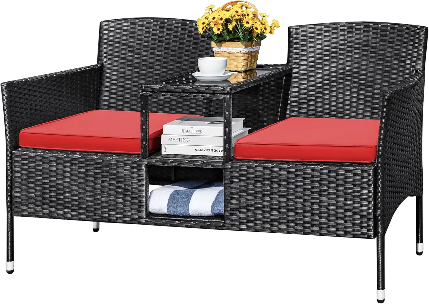 Outdoor Patio Loveseat Modern Rattan 2-Seat Patio Conversation Set with Cushions & Built-in Coffee Table Porch Furniture for Ga