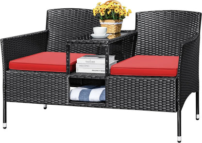 Outdoor Patio Loveseat Modern Rattan 2-Seat Patio Conversation Set with Cushions & Built-in Coffee Table Porch Furniture for Ga