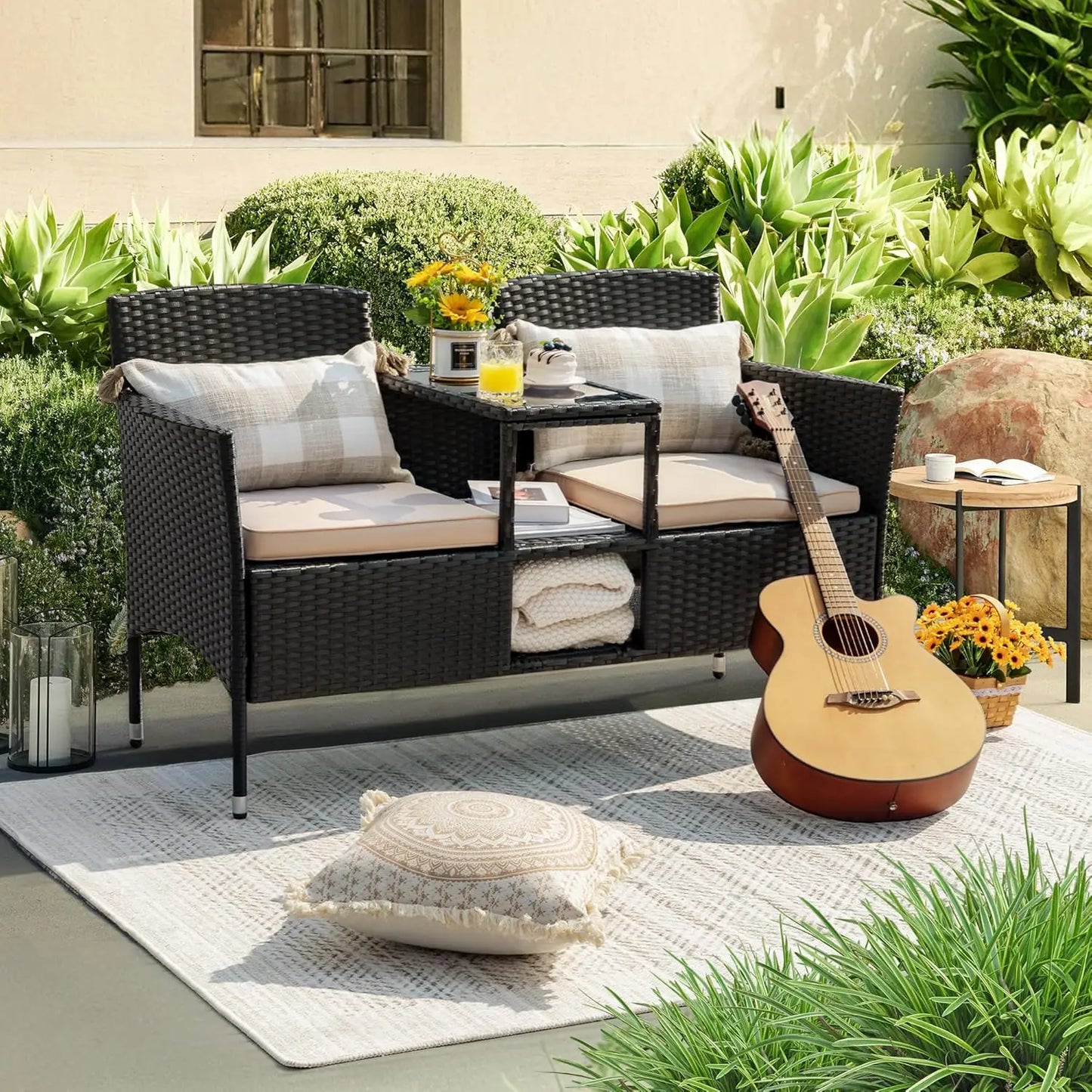 Outdoor Patio Loveseat Modern Rattan 2-Seat Patio Conversation Set with Cushions & Built-in Coffee Table Porch Furniture for Ga