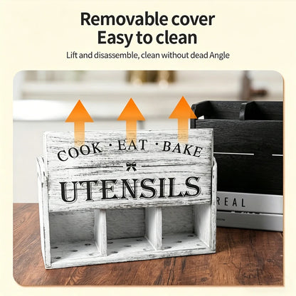 Rustic Wooden Kitchen Utensil Holder - 3-Compartment Countertop & Wall-Mounted Organizer for Spoons Whisks & More Space-Saving