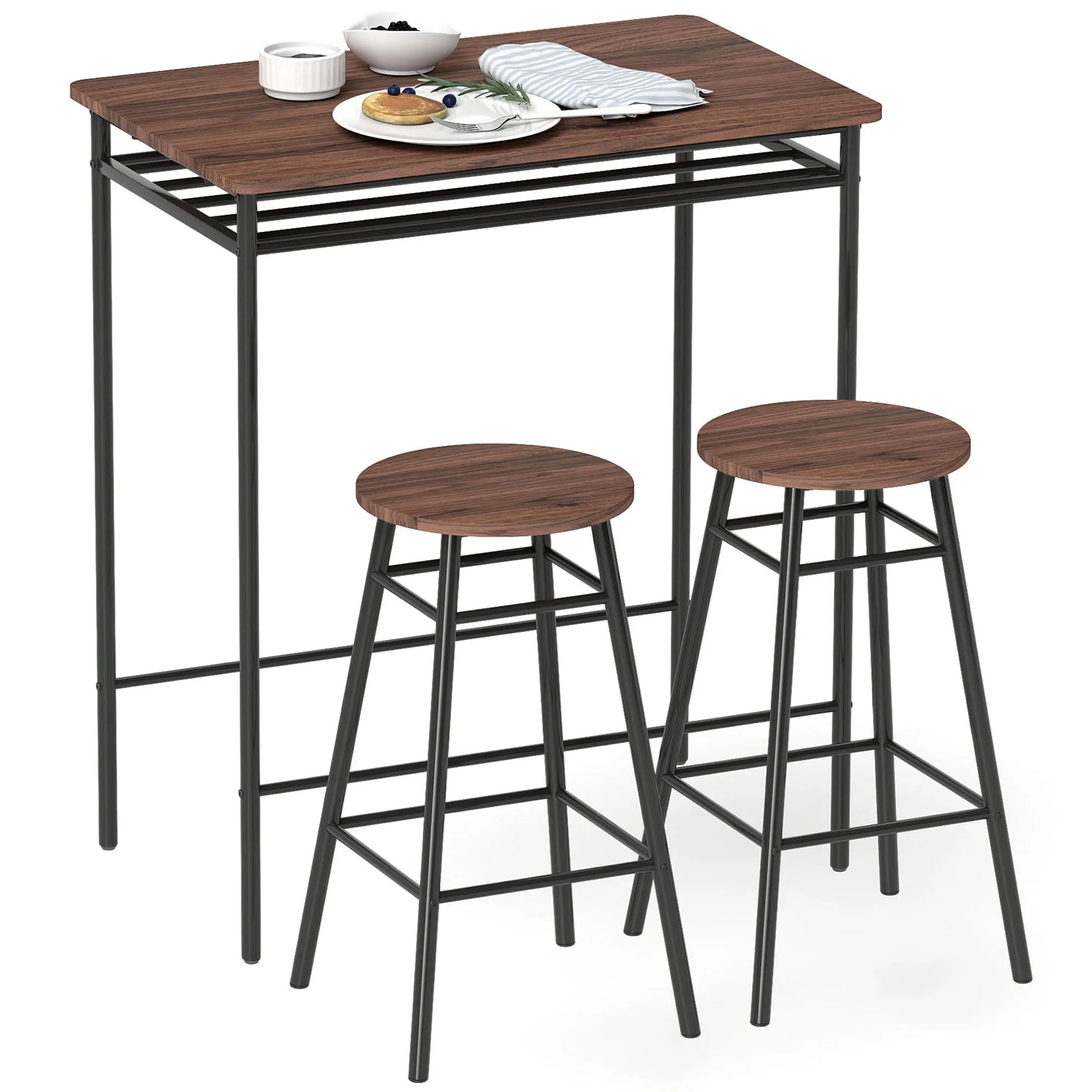 Homcom Set 1 Table + 2 Metal Bar Stools, Brown Mdf