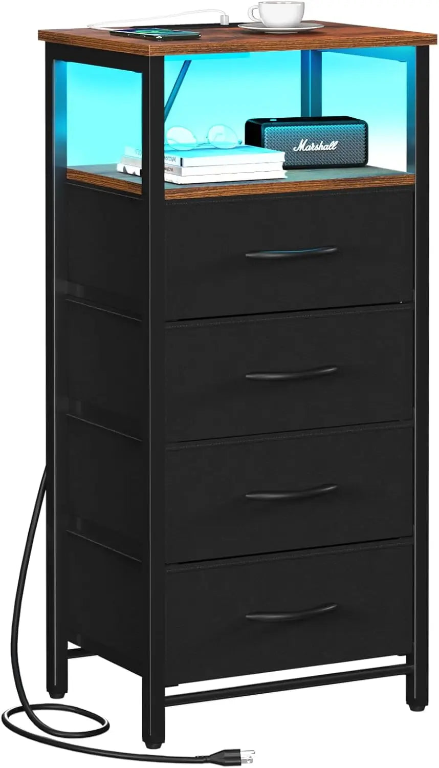 LED Rustic Nightstand with Charging Station 4 Storage Drawers and Storage Shelf End Table with USB Ports and Outlets Furniture